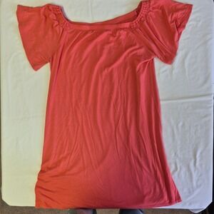 West Loop Coral Off Shoulder Smocked Neck Short Sleeve Tunic Dress Medium